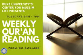 image of Qur&amp;amp;amp;#39;an in a book stand with sunlight coming through a window, with text that reads Qur&amp;amp;amp;#39;an Reading Monday 6-7pm